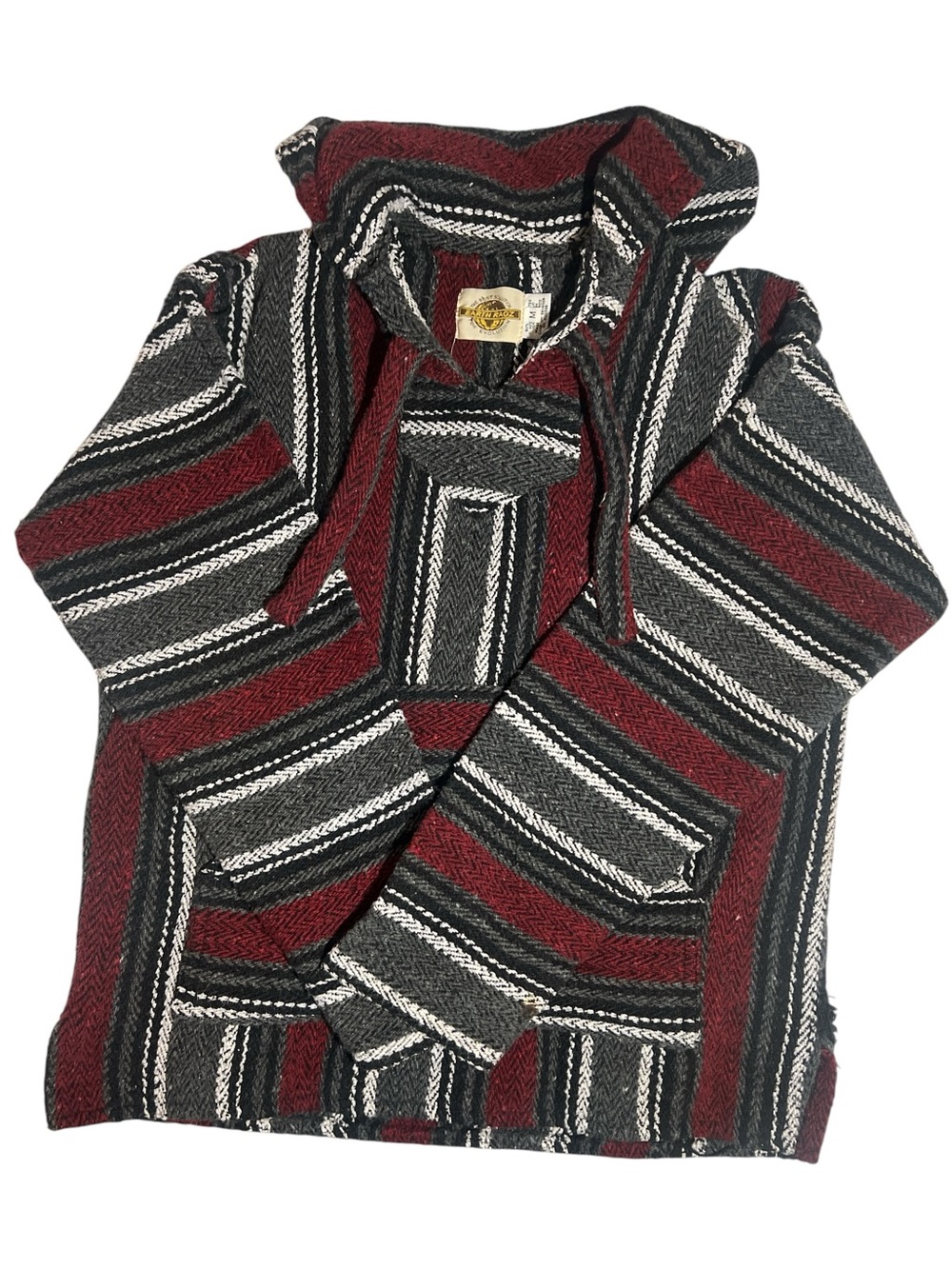 Vintage 2000s Striped V-Neck Baja Sweater Hoodie - Burgundy, Black & Gray